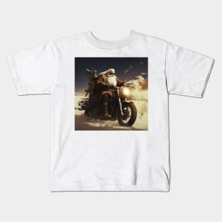 Santa Claus on motorcycle riding with christmas gifts Kids T-Shirt